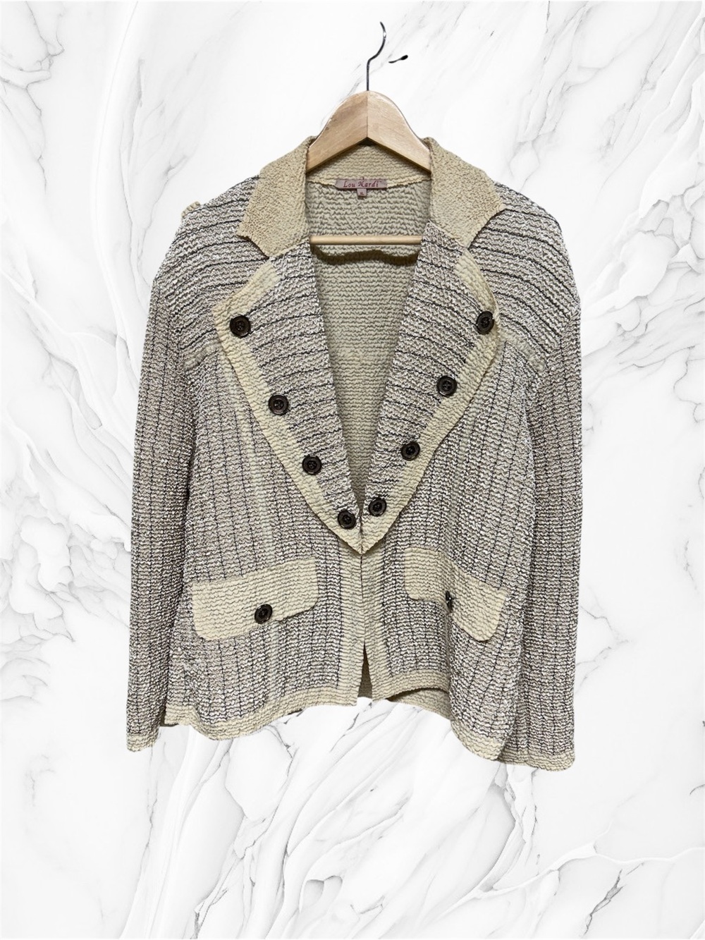 Lou Nardi boho Textured stretchy cream beige Button-Front Knit Cardigan blazer